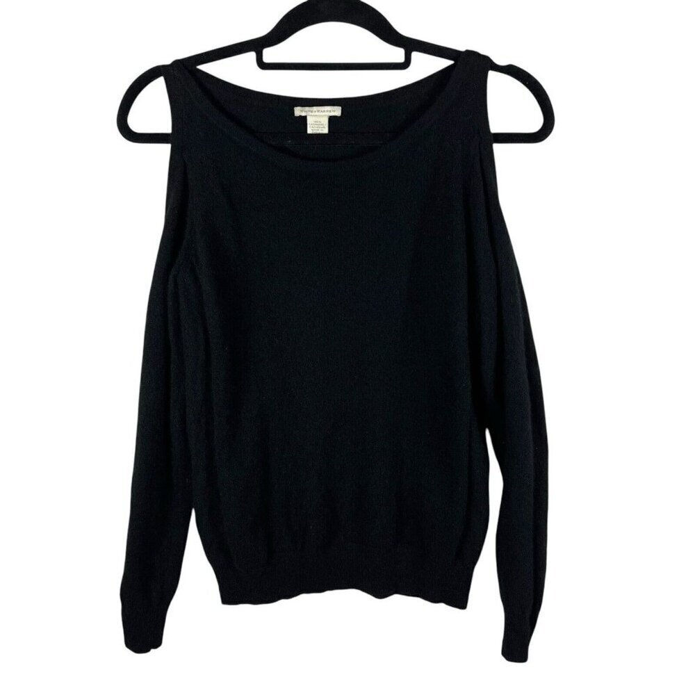 White + Warren Cold Shoulder Black Cashmere Sweater Women Sz M Minimalist Luxury